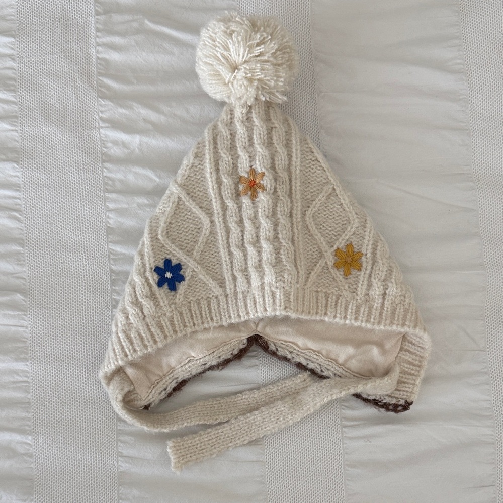 Zara Cream Knit Kids Hat with Colorful Flowers